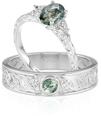 Paarring Moosachat Ehering Damen Herren Hochzeitsring Sterling Silber Partnerring Trauring mit Zirkonia Verlobungsring Set Bandring für Valentinstag Hochzeit Versprechung (Silber, 57(18.1))