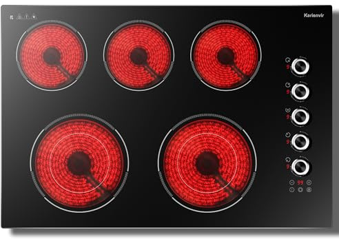 30 Inch Electric Cooktop 5 Burner Karienvir, 8600W Built-in Electric Stove Top, Cooktop 30 with Double-ring Burner, Knob & Touch Control, 9 Power Levels, Timer, Safety Lock, 220V-240V Hard Wire