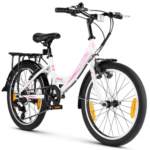 Sinaopus 20 Zoll Kinderfahrrad für Jungen und Mädchen 6-9 Jahre (115–135 cm), 7-Gang Drehgriffschaltung, Doppel V-Brake, Stahlrahmen, mit Gepäckträger & Schutzblech, Weiß