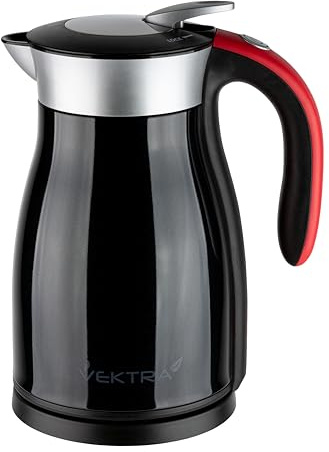 Vektra Kettle, Series 1 in Black/red, vacuum insulated environmentally eco-friendly kettle, stainless steel finish, 1.7 litre