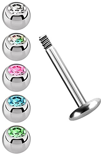 Stahl Piercing Set, EIN Labret, 4 mm Platte in 1,2 mm mit 5 farbigen Kugeln in 3 mm