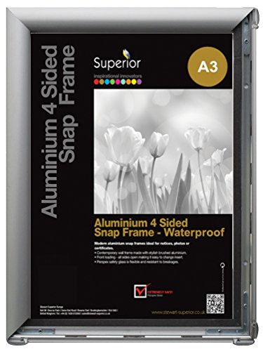 Stewart Superior A3 - Cornice impermeabile in alluminio 4 lati da 25 mm, con apertura frontale a scatto, colore: Argento