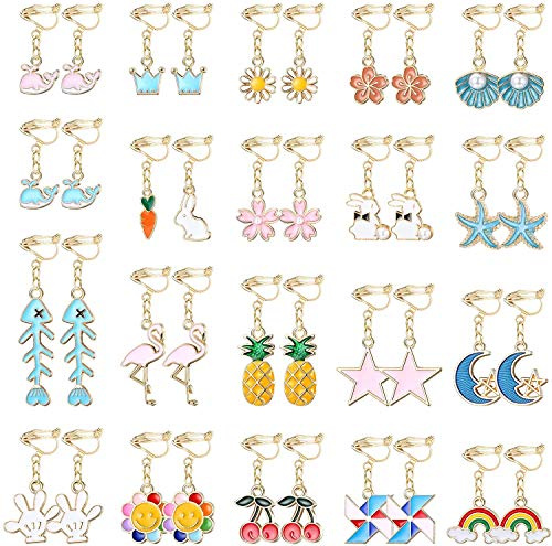 LOLIAS 20 Paare Ohrringe Set für Mädchen und Damen - Baumeln Ohrclips mit Blume, Stern, Mond - Hypoallergener Schmuck für Frauen, Teenager und Kinder