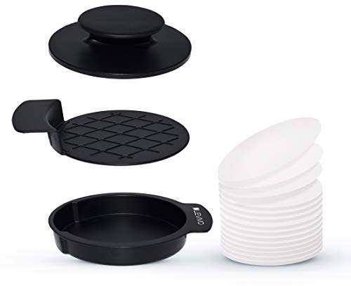 Levivo Set de prensa para hamburguesas, 5 piezas, con 50 hojas de papel antiadherente, para hacer hamburguesas con o sin relleno, extrafinas, grosor normal, fácil de limpiar