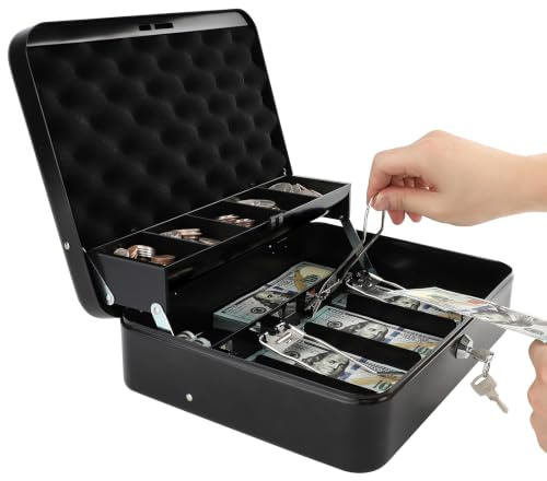 Parrency Cash Box with Money Tray and Key Lock,Safe Box for Cash Saving Key Lock Money Organizer,Cash Drawer, 11.8 x 9.5 x 3.5, K-Black