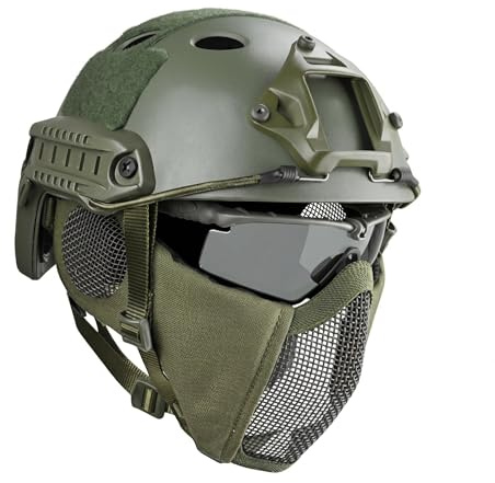 Casco Fast Tattico MH Combinato, con Protezione per le Orecchie Pieghevole Maschera a Rete Mezza Faccia e Occhiali per il Set di Giochi Airsoft Paintball CS