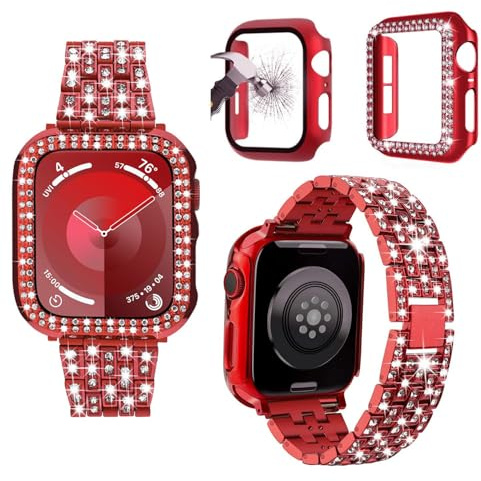3 Pack Compatible with Apple Watch Strap 38mm 40mm 41mm 42mm 44mm 45mm 49mm with Glitter Diamond Case and Glass Screen Protector Cover for iWatch Series 9 8 SE 7 6 5 4 3 2 1