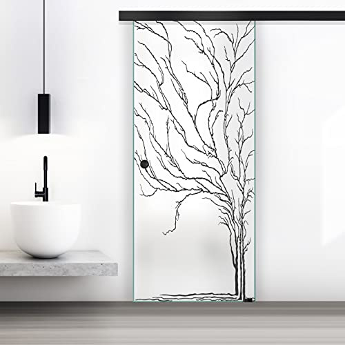 BOSS Black Porta Scorrevole in vetro modello TREE 90x215 cm (60/80/90 cm) 8 mm, vetro Satinato, Nano rivestito nero, kit hardware complete nero opaco (90x215 cm, DESTRA)