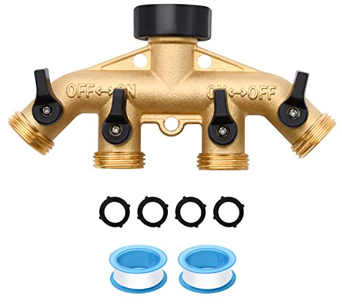 1 Pack 4 Way Hose Splitter, Heavy Duty Brass Garden Hose Splitter, for 3/4 Hose Connector, Brass Garden Hose Manifold with Rubber Washers & Tapes(1 Pack 4 Way) | for 3/4 Hose Connector
