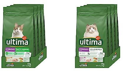 Ultima Pienso para Gatos esterilizados con Problemas del tracto urinario: Pack de 4 x 1.5 kg - Total: 6 kg & Pienso para Gatos Esterilizados para Prevenir Bolas De Pelo con Pavo - 4 x 1.5 kg