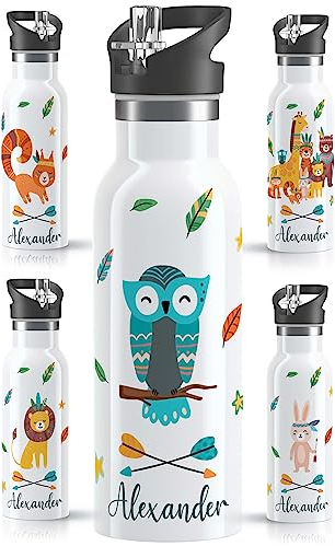 OWLBOOK® Edelstahl Trinkflasche Kinder personalisiert | Wasserflasche mit Strohhalm | 600 ml | Sportdeckel | Spülmaschinenfest | Schule Schulanfang Geschenke zur Einschulung Mädchen | Boho Eule