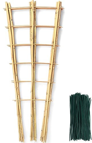 SWANGSA Bambus-Spalier für Kletterpflanzen, 90 cm, fächerförmiges Bambus-Pflanzen-Rankgitter mit 100 Bindebändern für Außen- und Innenbereich, Topfpflanzen, Gartenpfähle, 6 Stück