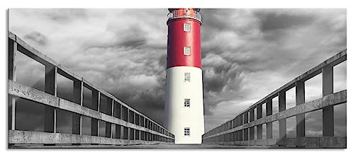 Pixxprint Glasbild Panorama, Wandbild aus Echtglas, Leuchtturm am Ende eines Stegs B&W Detail, 100x40 cm, inkl. Aufhängung und Abstandshalter