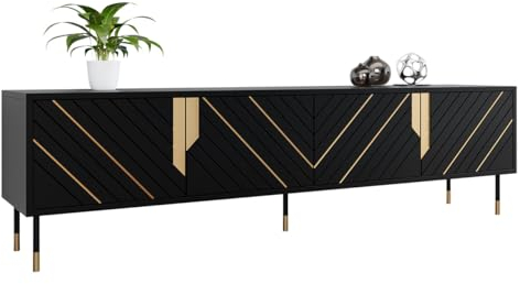 Mirjan24 TV Lowboard Murni 200 4D, Fernsehschrank, Fernsehtisch, goldlackierte Elemente, Metallfüße, Unterschrank, TV-Tisch, Board, Schrank, TV-Bank (Schwarz/Schwarz + Gold)