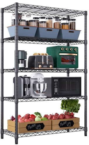 M MZG Height Adjustable Shelves,Heavy Duty Wire Pantry Shelving for Tool Sheds, Garage, and Storehouse,Metal,Black,5 tier,45 x 120 x 183.8 cm