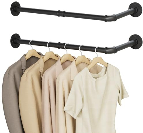 YheenLf Perchero para Pared, Barra Para Ropa de Metal Tipo L, Tubo de Hierro Desmontable, Vestidor Abierto, Diseño Industrial, Fácil Montaje, para Salón, 60×30cm, 2 Pack, Negro