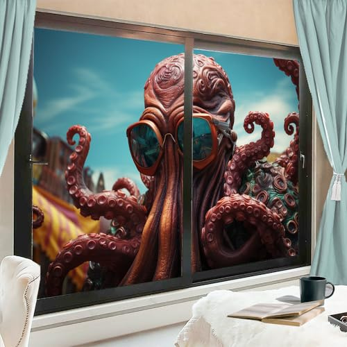 AEMYSKA Rustikale Brille Oktopus Fensterfolie Sonnenblockierung Fantasie Natur Kreatur Haus Fenster Tönungsfolie Kein Kleber Glas Haftabdeckungen für Zuhause Dekorativ 90 x 140 cm x2 Stück