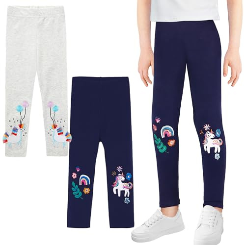 JinBei Flickor Leggings 2-pack småbarn bomull långbyxor elastisk andningsbar sport leggings med sött broderi djurmönster barn löparbyxor aktivkläder, 2-7 år, Färg C, 6-7 År