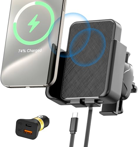 Polmxs Handyhalterung Auto Mit Ladefunktion, 15W Wireless Charger Auto Einstellbare Induktive Ladestation Auto Handyhalterung Auto Lüftung Kompatibel mit iPhone 16/15/14/13/12/11, Samsung LG Google