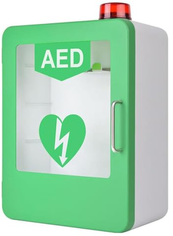 AED-Defibrillator-Aufbewahrungsschrank, wandmontierter Defibrillationsalarmkasten mit Licht und Alarmsystem, Erste-Hilfe-Koffer mit Doppelschaltersteuerung, abgerundetes Eckendesign (Farbe: Grün)