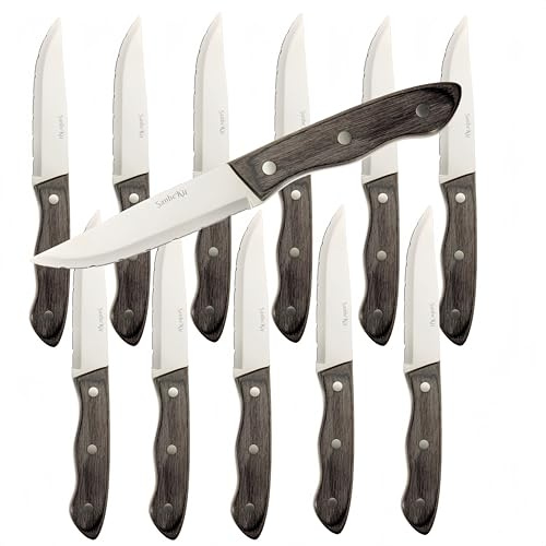 SanheKit Set Coltelli Da Bistecca, 6/12 Pezzi, Acciaio inossidabile professionale, Manico In Legno Lucido, Design Con Codolo Completo, Misura Grande Da 5,3, Intaglio Seghettato (Set da 12 pezzi)