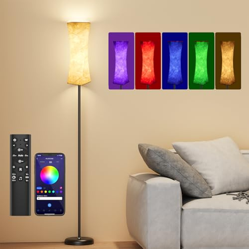 Amdelne RGB Stehlampe Wohnzimmer, Dimmbar Moderne Stehleuchte LED Farbwechsel Smart, mit Musik Sync, Fernbedienung/App Control,DIY-Modus,Musikmodus & Timing-Funktion für Schlafzimmer Spielzimmer
