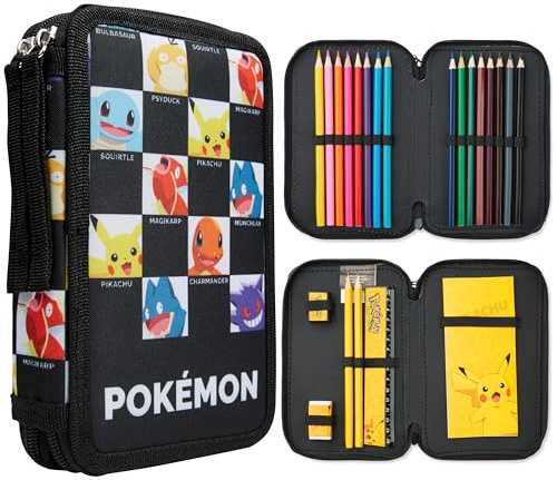 Pokemon Federmäppchen Jungen und Mädchen Mäppchen Gefüllt mit Schreibwaren Set Pikachu Geschenke für Kinder und Teenager (AOP Pokemon-Charaktere)
