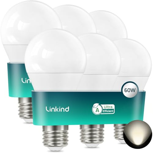 Linkind Ampoule LED E27 Ultra Efficace, 3,8W=60W, 4000K Blanc Neutre, Classe Énergétique A, Non Dimmable, Ampoule A60 Edison 806lm, Angle 200°, Économie d'Énergie, Lot de 6