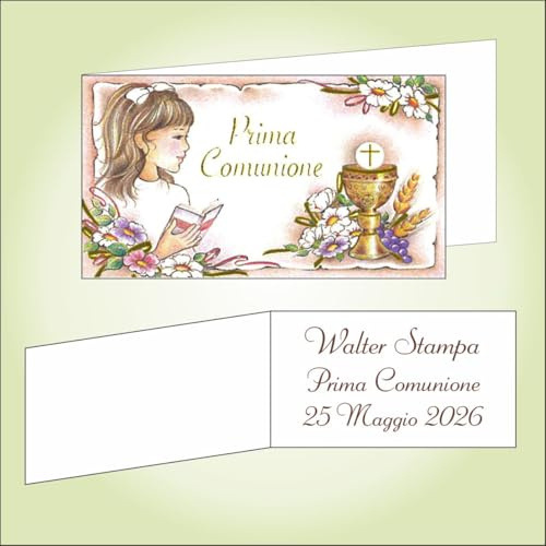 Bigliettino bomboniera bigliettini confetti per Prima Comunione per bambina, 9 x 2,5 cm, 40 pezzi o più, personalizzabile con vostro testo, con bambina in Oro a Caldo
