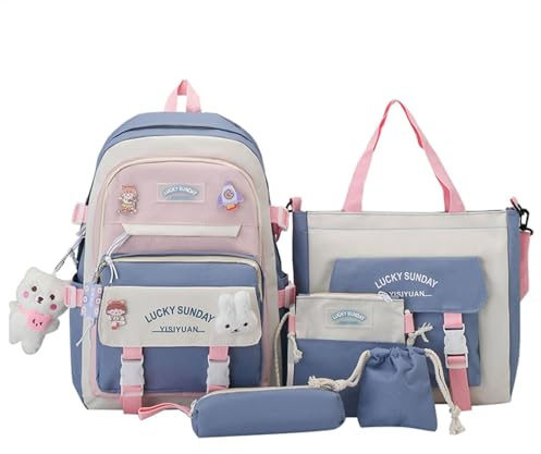 Backpacks-set, väska kombinationssats, 30 x 15 x 40 cm kompakt kanvas skolryggsäck set, multipocket design, lätt, för barn, pojkar, flickor, tonåringar och studenter, blå, Siehe Beschreibung, Se