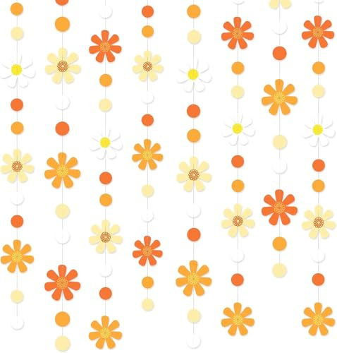 47Ft Boho Daisy Circle Dots Garland Groovy Party Decorations Ombre Orange Daisy Polka Dot Streamer Backdrop for Spring Summer Fall Retro Hippie Birthday Wedding Bridal Baby Shower Hanging Decor