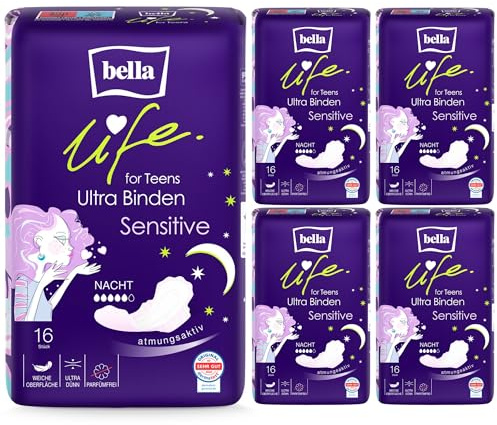 bella life for Teens Ultra Binden Sensitive Nacht | dermatest: SEHR GUT | ultradünne Binden für Teenager im 5er Pack (5 x 16 Stück) | mit Flügeln und parfümfrei für erholsame Nächte ohne Sorgen