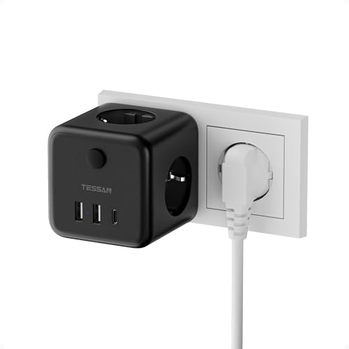 TESSAN 6 en 1 Cubo Ladron Enchufes Multiple con Interruptor,con 3 USB | Ladrón Enchufe Pared Cargador USB C, 2500W Regleta Pared Compatibles para Salón, Dormitorio, Oficina, Negro