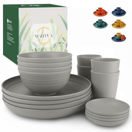 Wrova Plastic Dinner Sets - Unbreakable Plates and Bowls Sets 16 PCS - Camping Dishes Sets for 4 | Lightweight Dinnerware Sets for Outdoor - Reusable Plastic Dish Set for Camping, Party and R.V. Grey