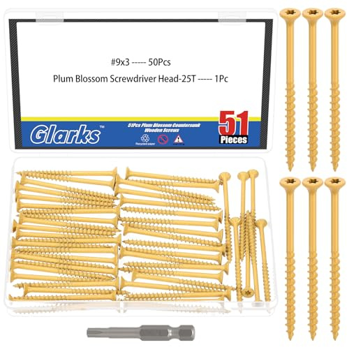 Glarks Kit de 51 vis de terrasse de 22,9 x 7,6 cm, comprend 50 vis Torx à tête plate et 1 foret Torx T25, vis à bois pour terrasse extérieure pour bois/aménagement paysager