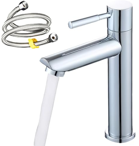 LEKEFETO Grifo de agua fría para invitados: grifo de acero inoxidable para baño con manguera de conexión de 80 cm, solo agua fría, grifo de baño monomando para baño, grifo de lavabo, grifos de lavabo
