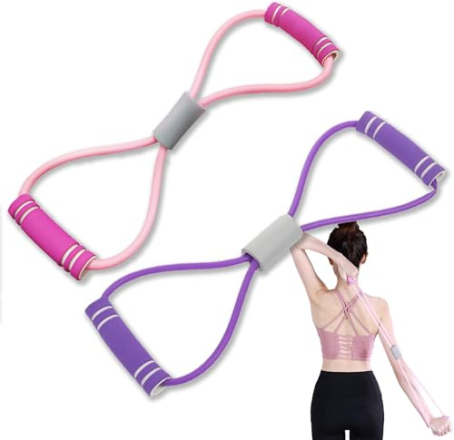 8 Resistance Bands with Handles, Arm & Shoulder Figure 8 Fitness Band, Chest Expander, Yoga Pulling Rope for Strength Training & Stretching, Stretch Bands for Exercise (Purple & Pink)