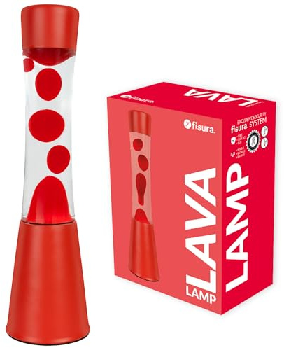 Fisura - Lámpara de lava roja. Base y lava roja con líquido transparente. Lámpara efecto relajante. Con bombilla de repuesto. 11 cm x 11cm x 39,5 cm.