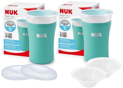 NUK Magic Cup Edelstahl Set – 2x Trinkbecher Türkis 230ml + 2 Ersatzdeckel & 2 Trinktüllen – Bruchsicher, isolierend, BPA-frei, Trinklernbecher für unterwegs