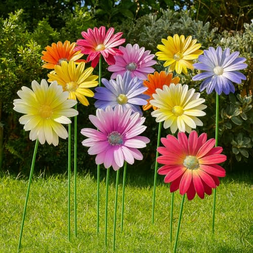 Metal Garden Flower Stakes – Set of 12 Vibrant Colourful Metal Daisies, 58 cm – Decorative Garden Ornaments for Flower Beds, Pots, Borders & Windows (2 of Each Colour) – Weatherproof Garden Décor