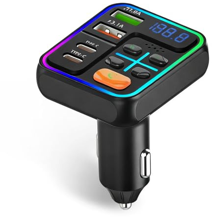 Ouitble Adattatore Bluetooth Auto 12V-24V Bluetooth Autoladgerät FM Transmitter Cigertte Accendino con 4 Connessioni di Ricarica Music Playering Allround Lighting
