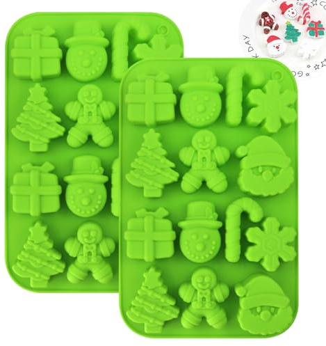 Christmas Silicone Moulds 2PCS 14 Cavities 7 Styles Christmas Chocolate Moulds with Xmas Tree/Snowman/Santa/Snow/Candy Cane/Gingerbread Man for Baking Gifts|Chocolate Molds