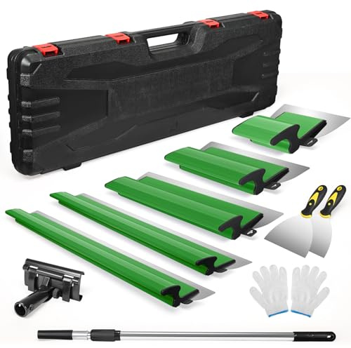 Flächenspachtel Set,Inkl. 5 x Flächenschaber (190 mm Halbmond, 250 mm, 400 mm, 600 mm, 800 mm) mit Ersatzklingen – 2 x Handschaber – Aluminium-Teleskopstange Surface Spatula Set (Grün)