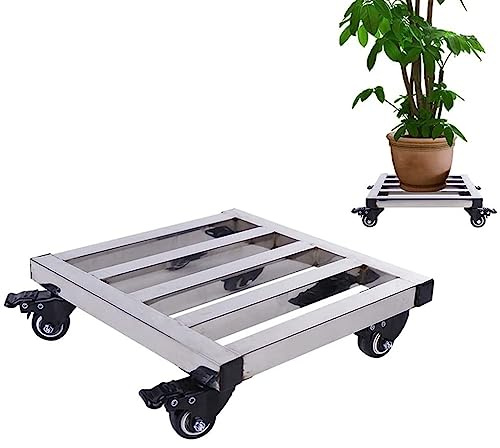 Carro de acero inoxidable resistente con ruedas – Plataforma grande cuadrada de metal para macetas de jardín y flores – Soporte plateado de 30 cm, transportador de plantas duradero y portátil