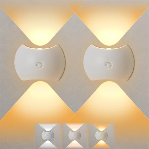 2 Stück Akku Wandleuchte mit Bewegungsmelder Innen 3 Modi 3 Farben 1200mAh | Led Wandlampe Einstellbar Aufladbare Wandleuchte Ohne Stromanschluss Ohne Bohren für Flur Treppe Schlafzimmer Warmweiß Licht