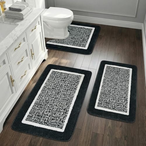 LUSCHEER Bathroom Mat Sets 3 piece, Black Bathroom Rugs