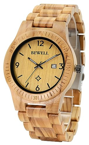 BEWELL ZS-W086B Wooden Watch Men Gifts Handmade Date Display Quartz Movement Analog Wood Wrist Watches