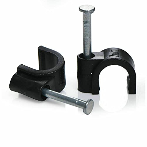 7mm Round Black Cable Clips Extension Lead Wire Clamp Discreet Organising with Masonry Fixing Nail Pack of 300