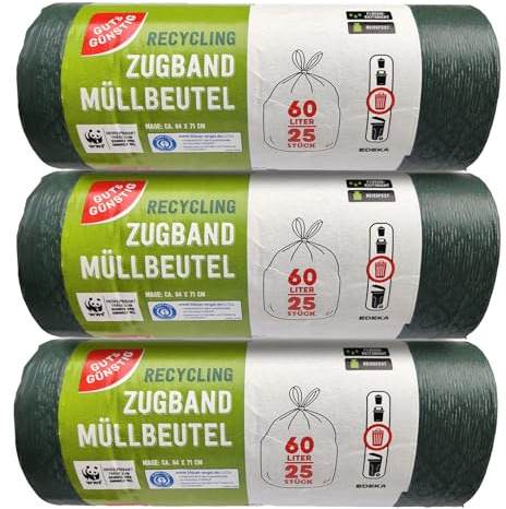Öko Müllbeutel mit Zugband - 60 Liter - 75 Stück - Besonders Reißfest & Flüssigkeitsdicht - Blauer Engel Zertifikat 3er Pack (3x25 Stück)
