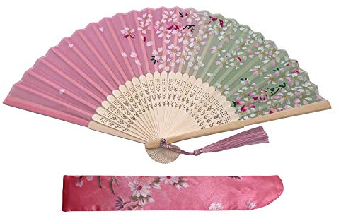 Kibon Folding Fans, Handheld Fans, Hand Fans, Bamboo Fans with Tassel for Birthday Gifts Dancing Cosplay Wedding Party Props Decoration (Pink)